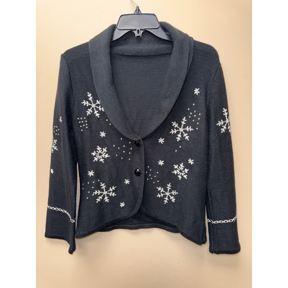 Black Snowflake Embroidered Beaded Shawl Collar Cardigan Sweater Womens Small